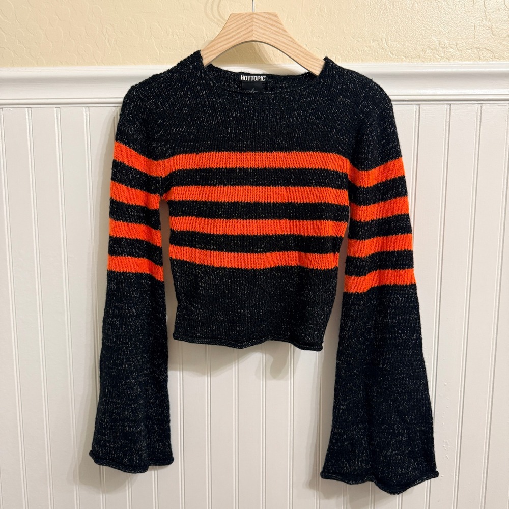 Hot Topic Goth Stripe Marled Bell Sleeve Knit Crop Sweater,Black Orange, S (New)